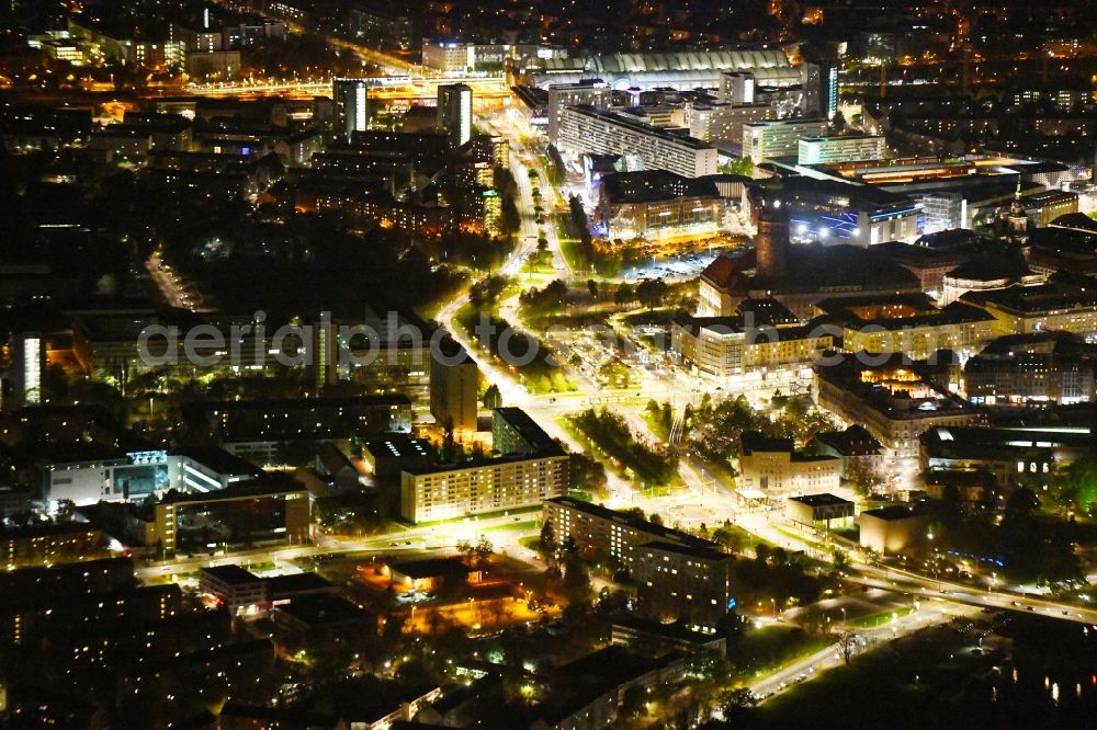 Aerial image at night Dresden - Night lighting road over the crossroads St. Petersburger Strasse in Dresden in the state Saxony, Germany