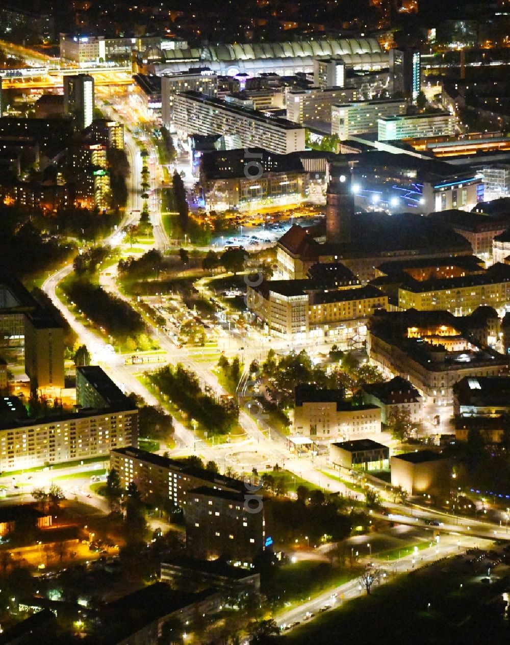 Dresden at night from above - Night lighting road over the crossroads St. Petersburger Strasse in Dresden in the state Saxony, Germany