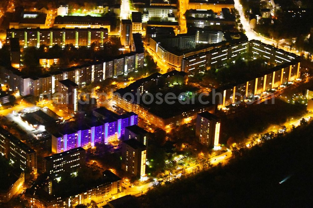 Dresden at night from above - Night lighting skyscrapers in the residential area of industrially manufactured settlement in the Elsasser Strasse in Dresden in the state Saxony