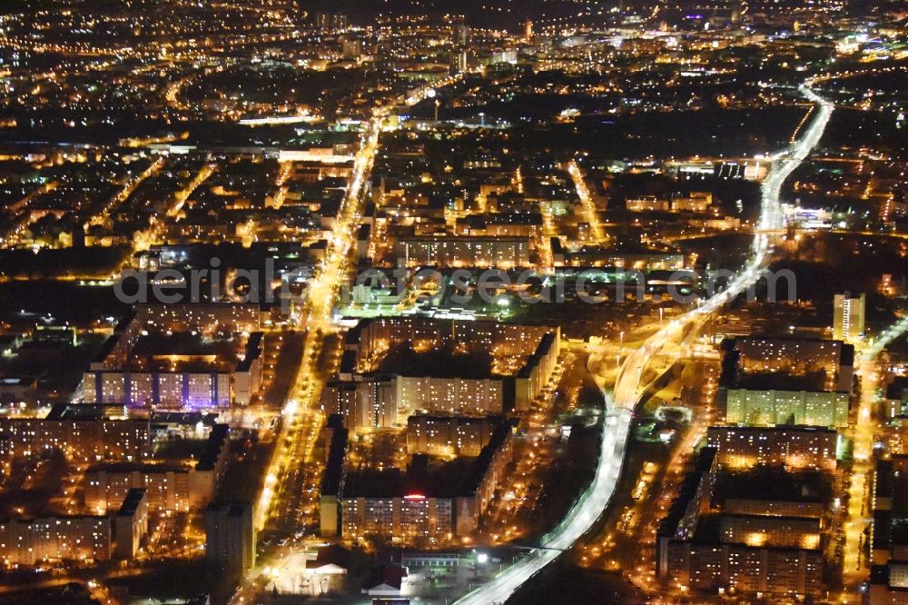 Magdeburg at night from above - Night lighting Skyscrapers in the residential area of industrially manufactured settlement entlang des Magdeburger Ring der B189 in the district Neustaedter See in Magdeburg in the state Saxony-Anhalt