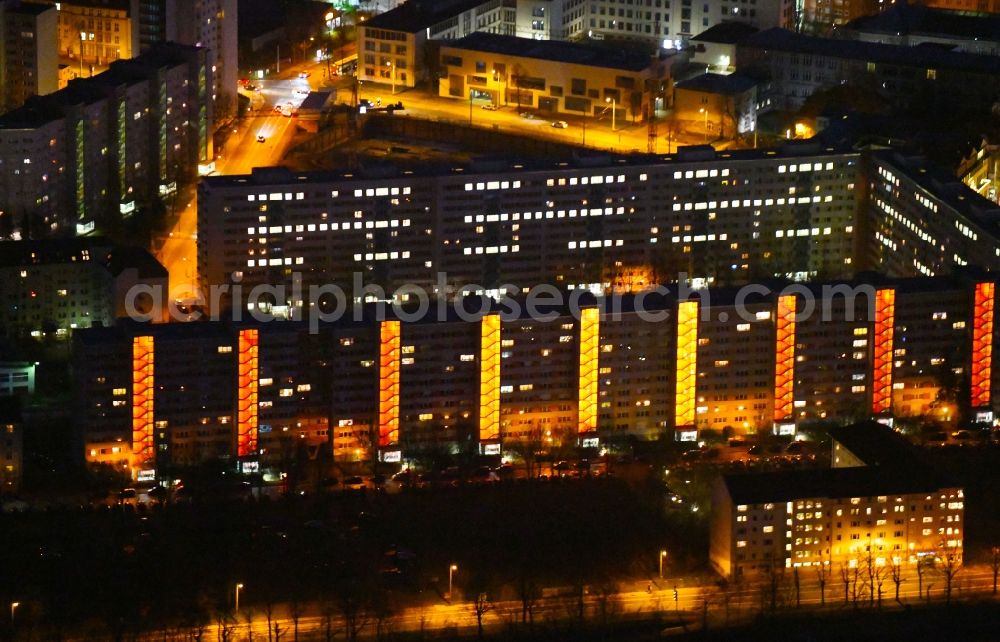 Aerial image at night Dresden - Night lighting Skyscrapers in the residential area of industrially manufactured settlement Johannstadt-Nord in Dresden in the state Saxony, Germany