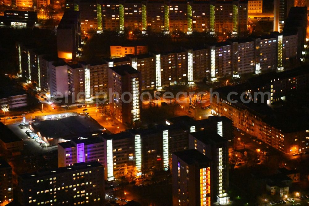 Aerial photograph at night Dresden - Night lighting Skyscrapers in the residential area of industrially manufactured settlement Johannstadt-Nord in Dresden in the state Saxony, Germany