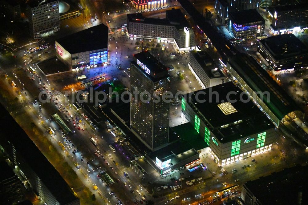 Aerial photograph at night Berlin - Night lighting Ensemble space Alexanderplatz in the inner city center in the district Mitte in Berlin, Germany