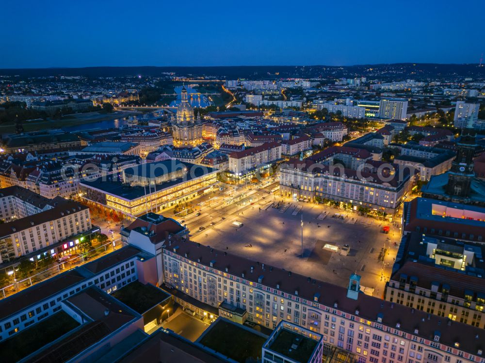 Dresden at night from the bird perspective: Night lighting ensemble space an place on Altmarkt in the inner city center in Dresden in the state Saxony, Germany