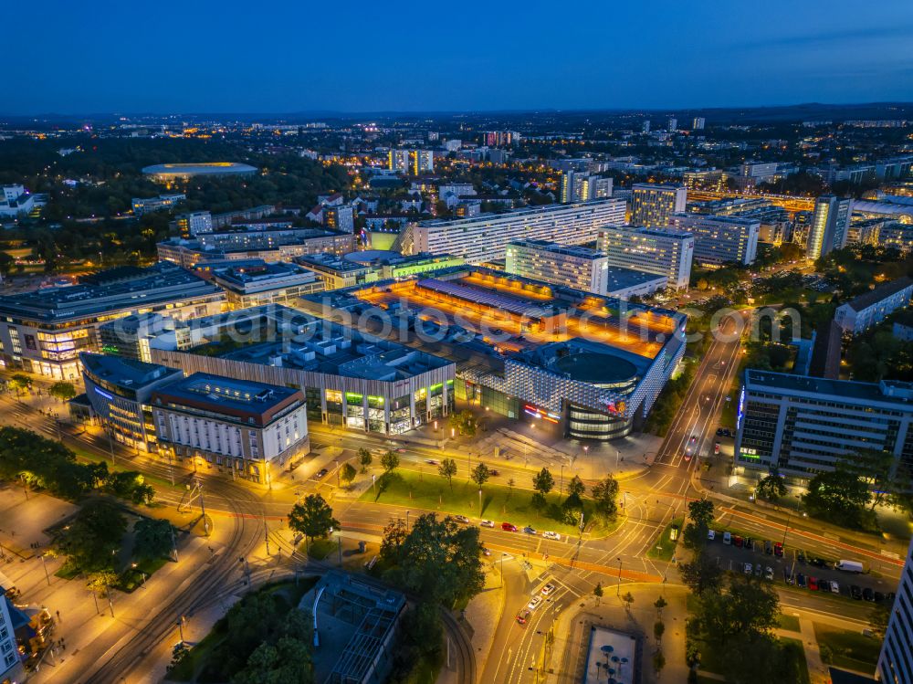 Dresden at night from above - Night lighting ensemble space an place Dippoldiswalder Platz in the inner city center in the district Seevorstadt West in Dresden in the state Saxony, Germany