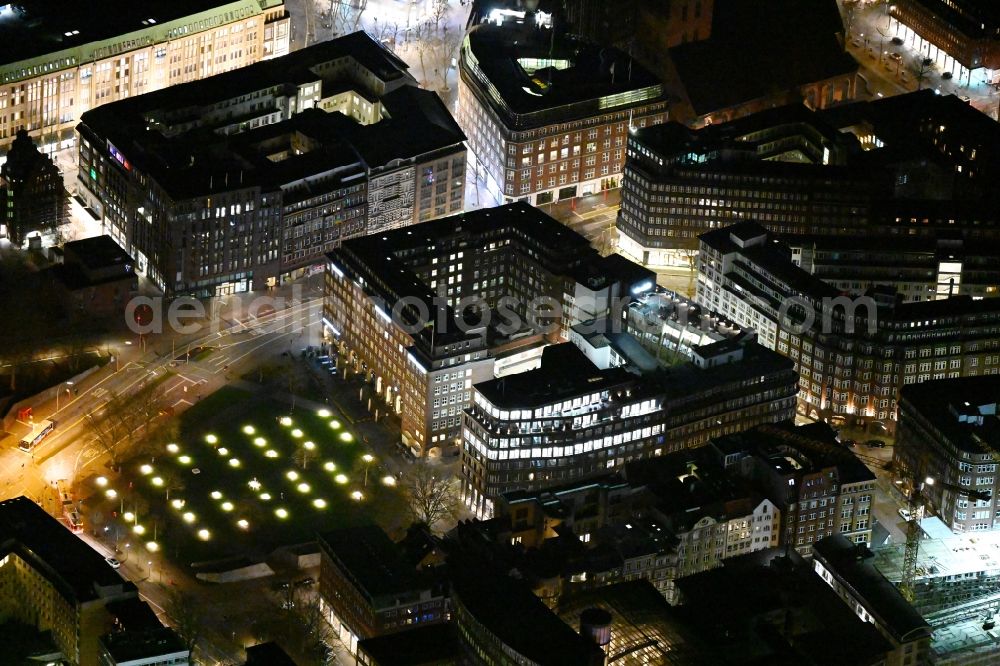 Aerial photograph at night Hamburg - Night lighting ensemble space an place Domplatz in the inner city center in the district Altstadt in Hamburg, Germany