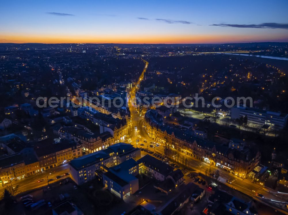 Aerial photograph at night Dresden - Night lighting ensemble space an place in the inner city center on street Tolkewitzer Strasse - Schillerplatz in the district Blasewitz in Dresden in the state Saxony, Germany