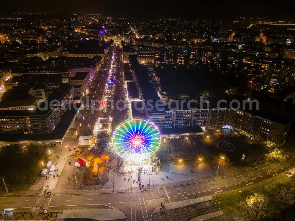 Aerial photograph at night Dresden - Night lighting ensemble space an place in the inner city center on street Neustaedter Markt - Augustusmarkt in Dresden in the state Saxony, Germany