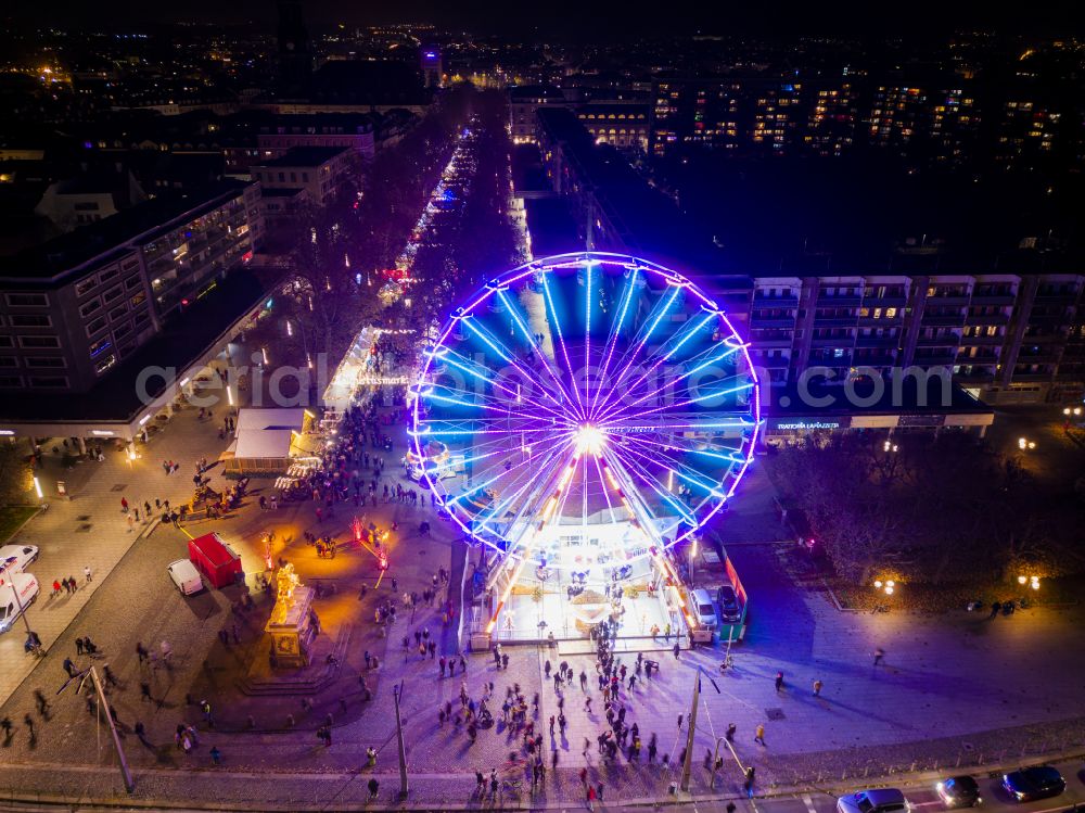 Aerial image at night Dresden - Night lighting ensemble space an place in the inner city center on street Neustaedter Markt - Augustusmarkt in Dresden in the state Saxony, Germany