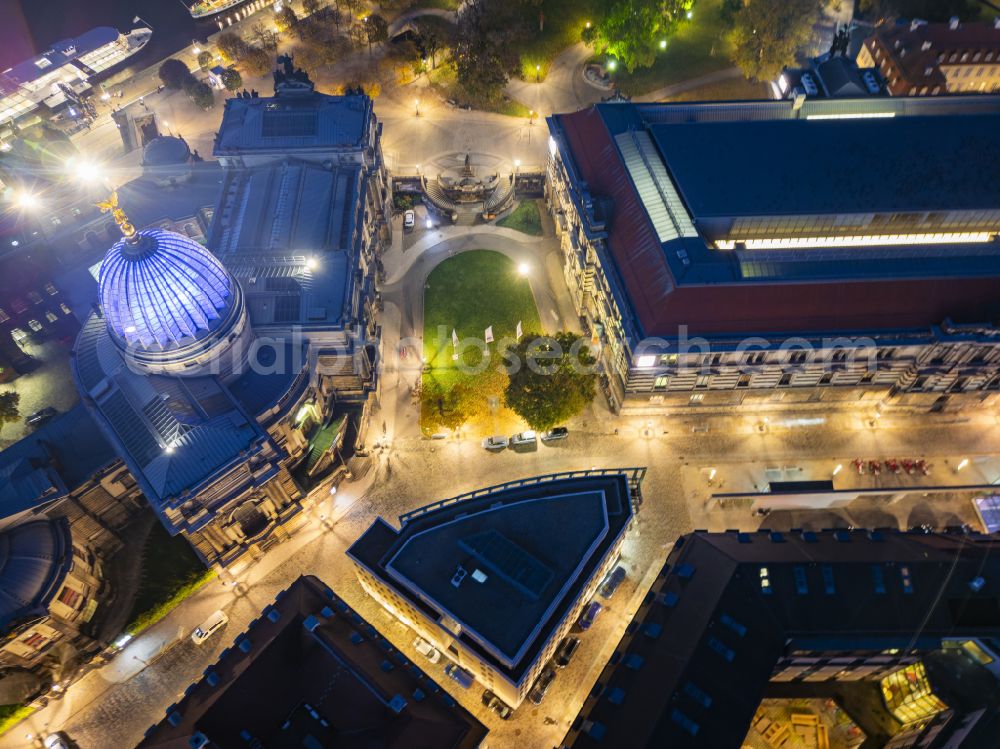 Dresden at night from the bird perspective: Night lighting ensemble space an place in the inner city center on place Georg-Treu-Platz - Salzgasse in the district Altstadt in Dresden in the state Saxony, Germany