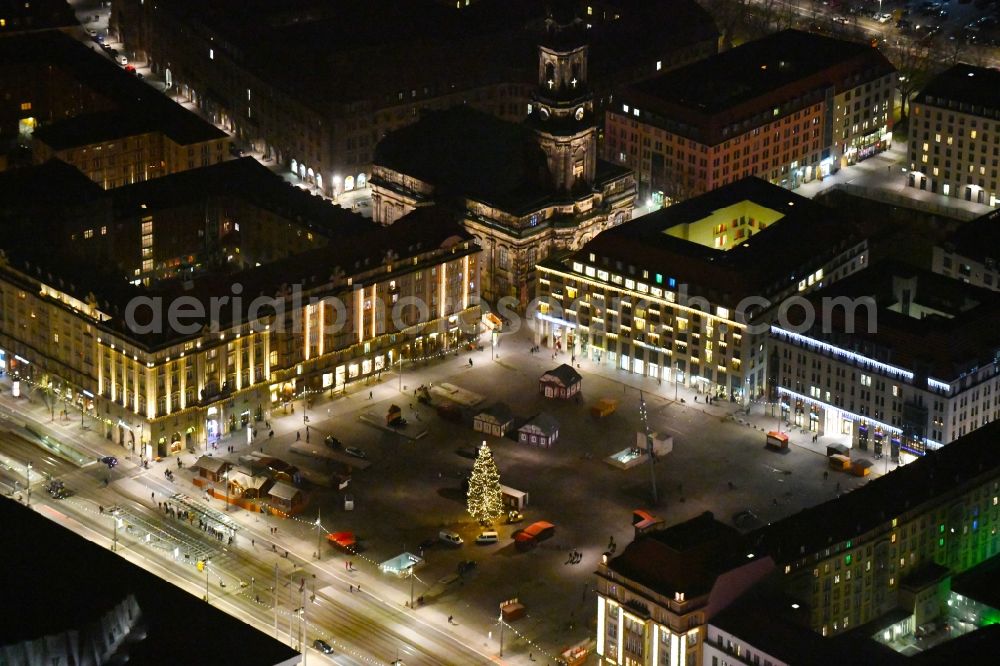 Aerial image at night Dresden - Night lighting Ensemble space Dresdner Striezelmarkt on Altmarkt in the inner city center in the district Altstadt in Dresden in the state Saxony, Germany