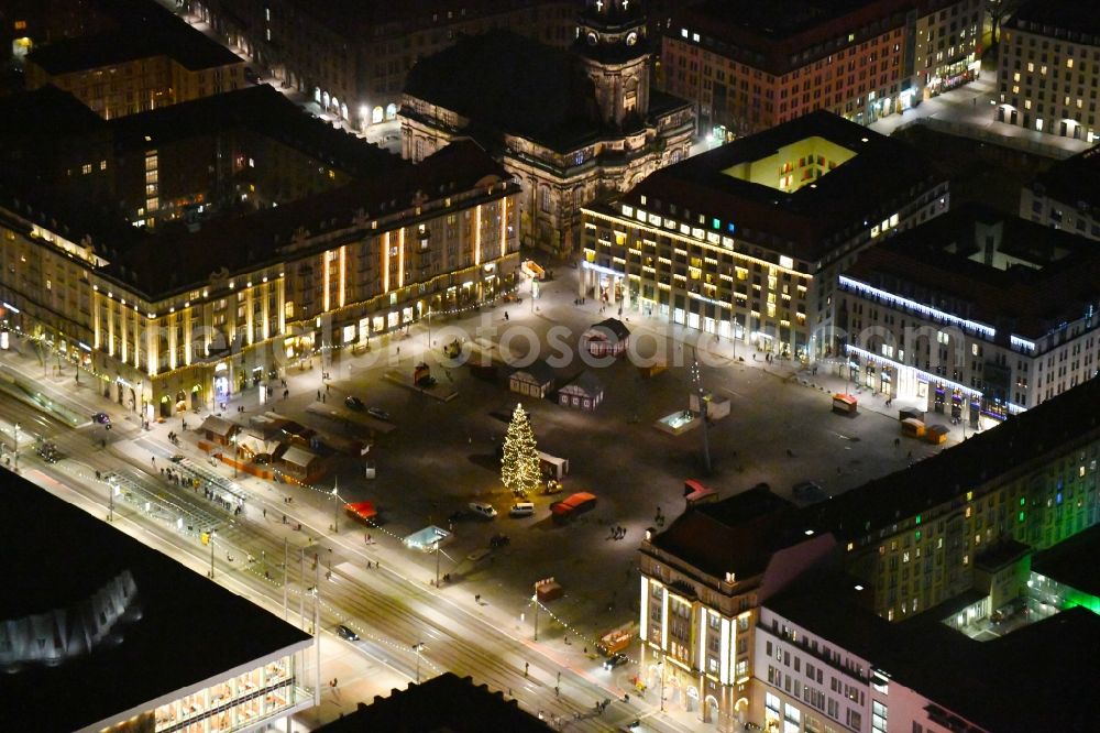 Dresden at night from above - Night lighting Ensemble space Dresdner Striezelmarkt on Altmarkt in the inner city center in the district Altstadt in Dresden in the state Saxony, Germany