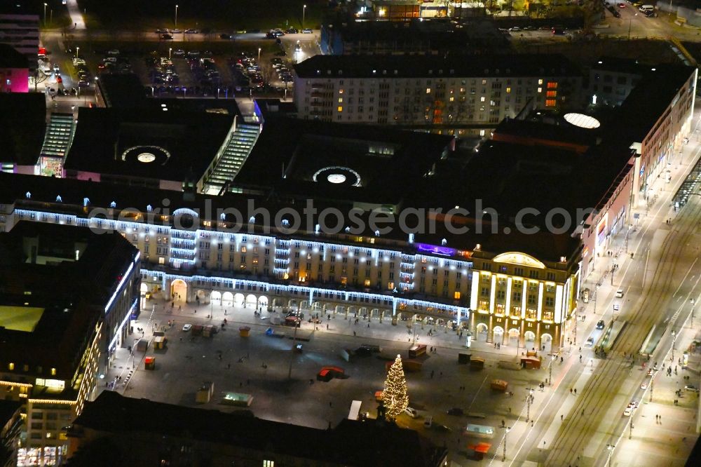 Aerial photograph at night Dresden - Night lighting Ensemble space Dresdner Striezelmarkt on Altmarkt in the inner city center in the district Altstadt in Dresden in the state Saxony, Germany