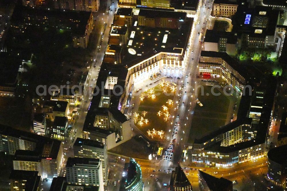 Berlin at night from above - Night lighting Ensemble space Leipziger Platz - Leipziger Strasse in the inner city center in the district Mitte in Berlin, Germany