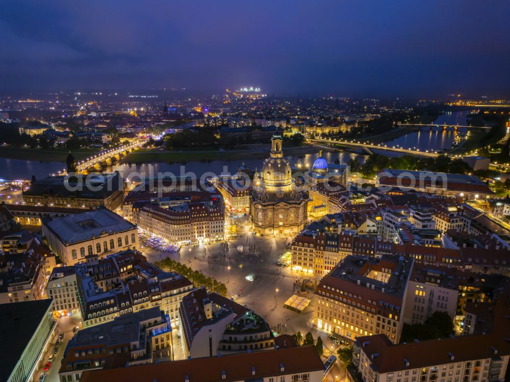 Dresden at night from above - Night lights and lighting square ensemble Neumarkt in the inner city center in the district Altstadt in Dresden in the federal state Saxony, Germany