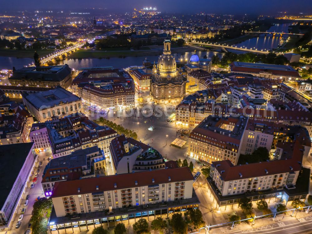 Dresden at night from the bird perspective: Night lights and lighting square ensemble Neumarkt in the inner city center in the district Altstadt in Dresden in the federal state Saxony, Germany