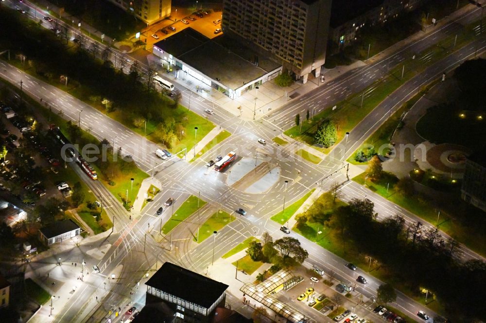 Aerial photograph at night Dresden - Night lighting ensemble space Pirnaischer Platz - Wilsdruffer Strasse in the inner city center in Dresden in the state Saxony, Germany