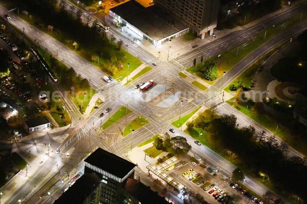 Aerial image at night Dresden - Night lighting ensemble space Pirnaischer Platz - Wilsdruffer Strasse in the inner city center in Dresden in the state Saxony, Germany