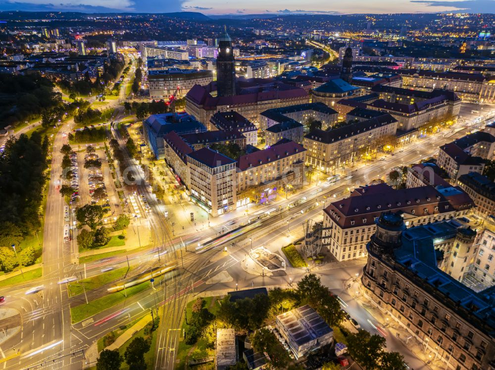 Aerial photograph at night Dresden - Night lighting ensemble space Pirnaischer Platz - Wilsdruffer Strasse in the inner city center in Dresden in the state Saxony, Germany