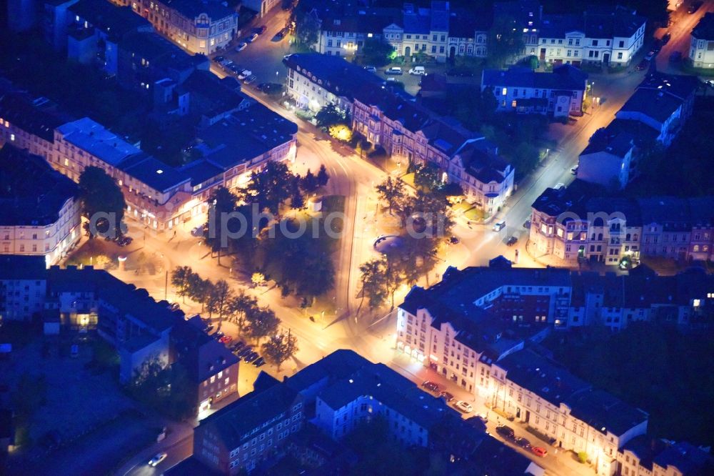 Schwerin at night from above - Night lighting Ensemble space Platz of Freiheit in the inner city center in Schwerin in the state Mecklenburg - Western Pomerania, Germany