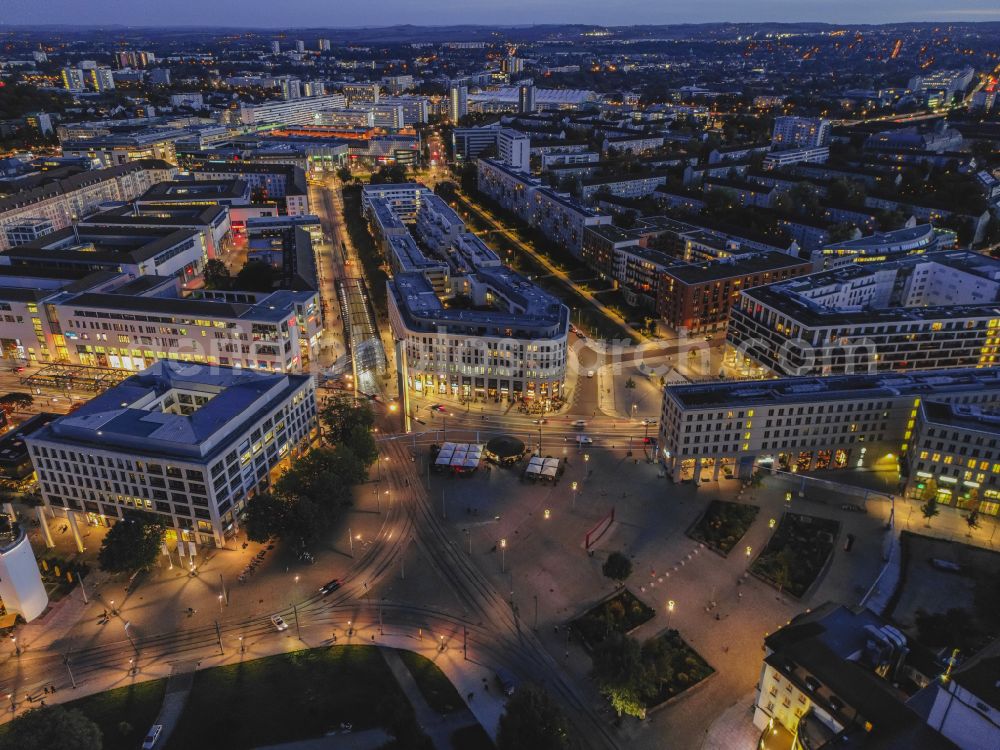 Aerial photograph at night Dresden - Night lighting ensemble space an place in the inner city center on place Postplatz in the district Altstadt in Dresden in the state Saxony, Germany