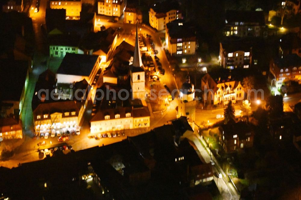 Arnstadt at night from above - Night lighting Ensemble space Ried with dem Riedtor and Jakobsturm in the inner city center in Arnstadt in the state Thuringia, Germany