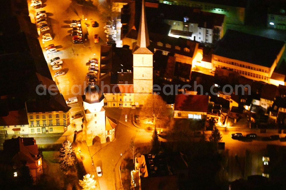 Aerial image at night Arnstadt - Night lighting Ensemble space Ried with dem Riedtor and Jakobsturm in the inner city center in Arnstadt in the state Thuringia, Germany