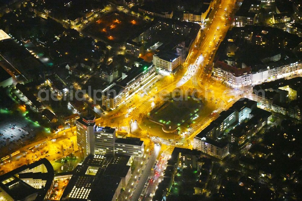 Aerial photograph at night Berlin - Night lighting Ensemble space Theodor-Heuss-Platz in the inner city center in the district Charlottenburg in Berlin, Germany