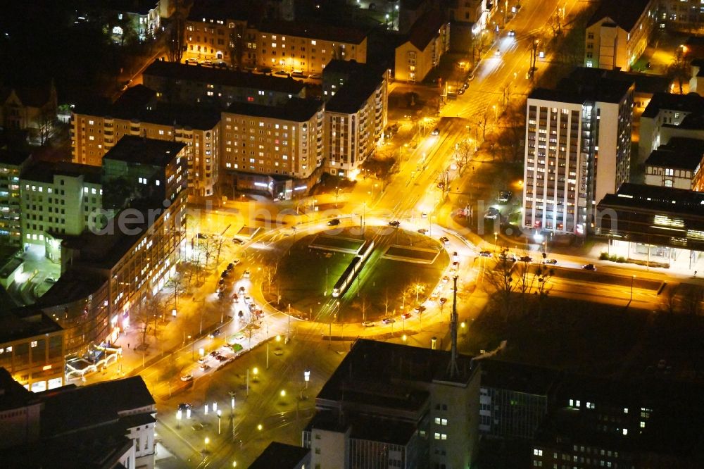 Magdeburg at night from above - Night lighting Ensemble space Universitaetsplatz - Erzberger Strasse - Walther-Rathenau-Strasse in the inner city center in the district Alte Neustadt in Magdeburg in the state Saxony-Anhalt, Germany