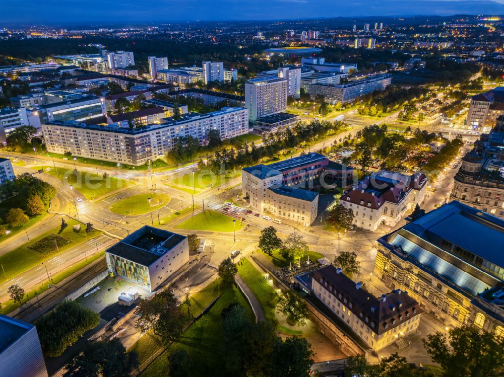 Dresden at night from above - Night lights and illumination of Rathenauplatz with synagogue, Bruehl's Garden, Albertinum and Saxon State Ministry for Culture and Tourism in Dresden in the federal state of Saxony, Germany