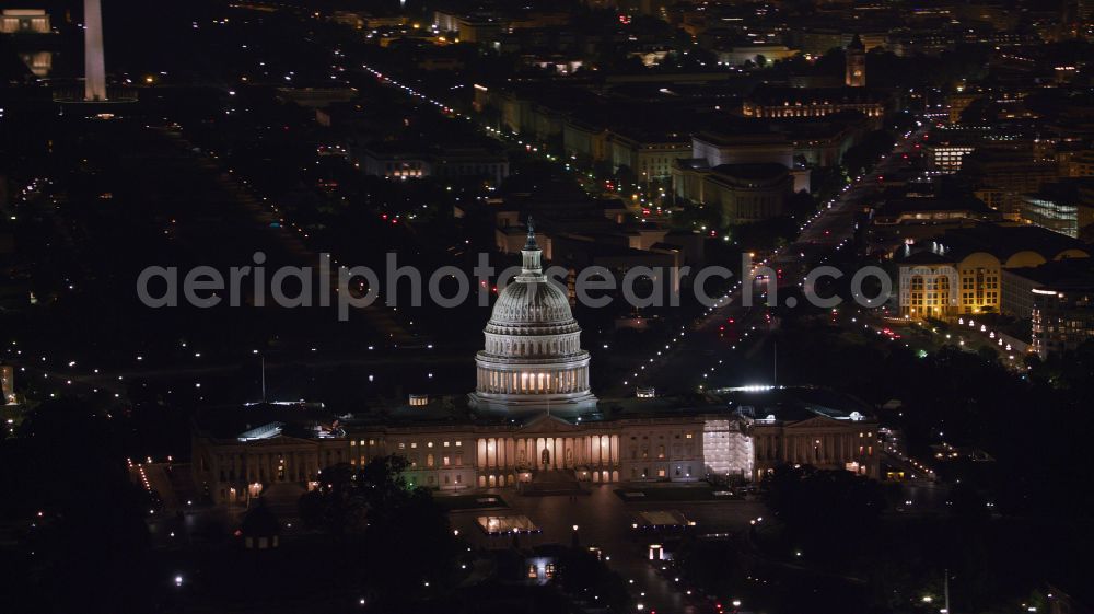 Aerial photograph at night Washington - Night lighting government administration building United States Capitol on South Capitol Street Southwest in Washington in the District of Columbia, USA