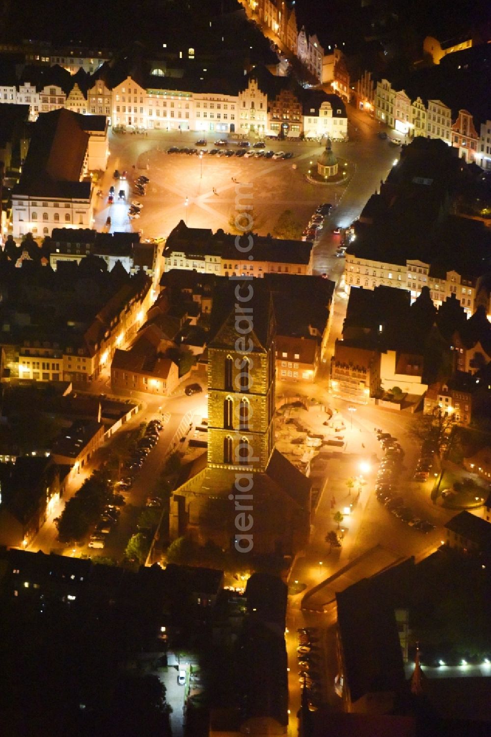 Wismar at night from above - Night lighting Ruins of church building Marienkirche in Wismar in the state Mecklenburg - Western Pomerania, Germany