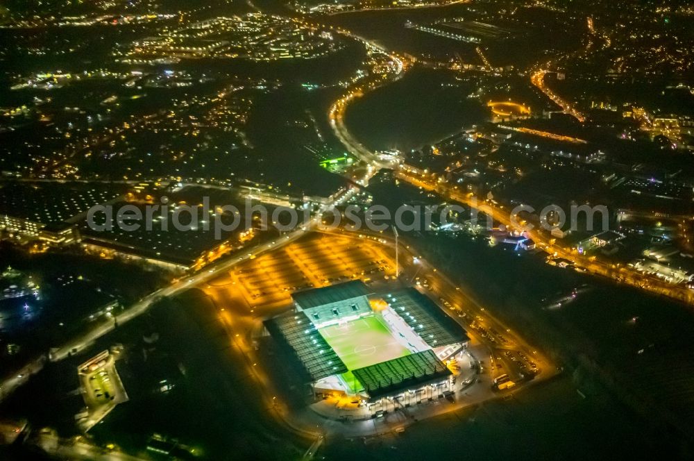 Essen at night from above - Night lighting rWE - Red-White Stadium in Essen in North Rhine-Westphalia