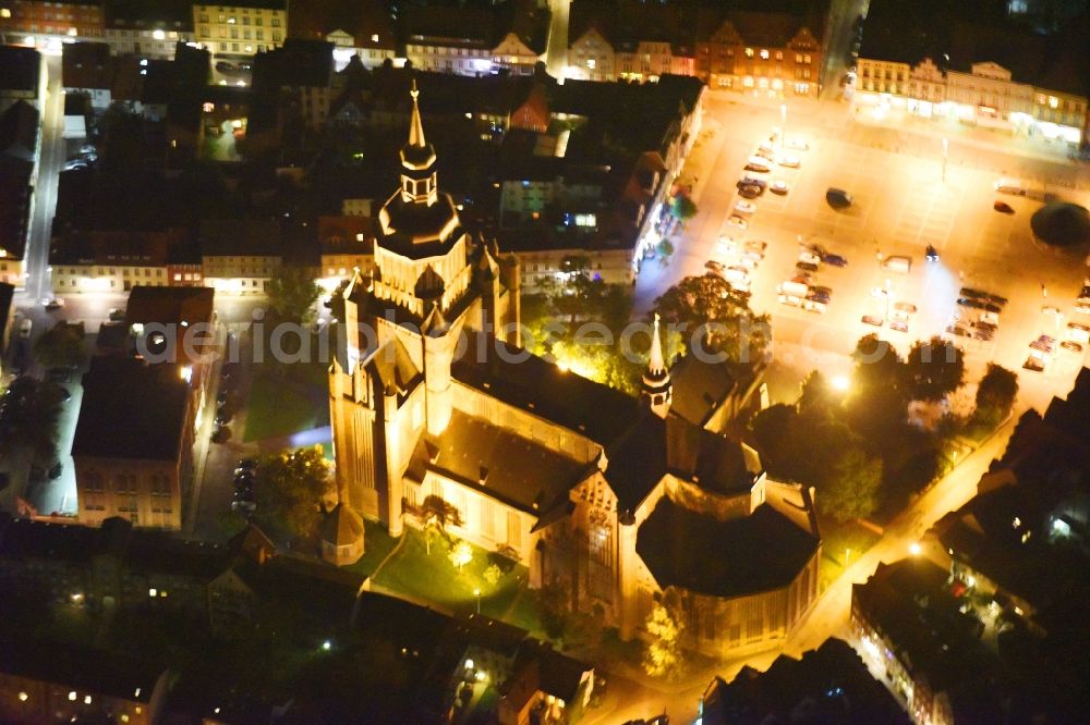 Stralsund at night from above - Night lighting Saint Mary's Church in the city of Stralsund in Mecklenburg-Vorpommern