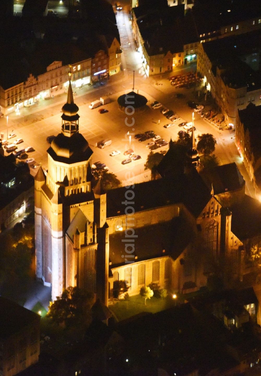 Stralsund at night from above - Night lighting Saint Mary's Church in the city of Stralsund in Mecklenburg-Vorpommern