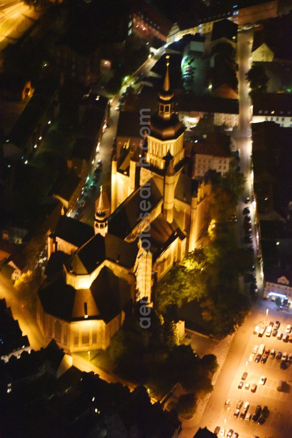 Stralsund at night from above - Night lighting Saint Mary's Church in the city of Stralsund in Mecklenburg-Vorpommern