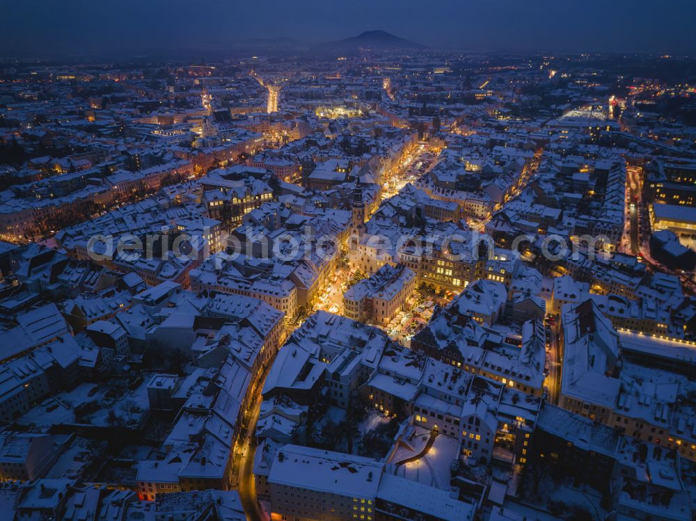 Görlitz at night from above - Night aerial photograph of the Silesian Christmas market in Goerlitz in the state of Saxony, Germany