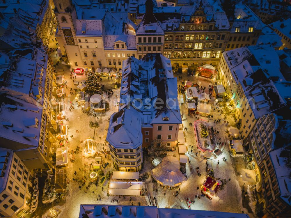 Aerial photograph at night Görlitz - Night aerial photograph of the Silesian Christmas market in Goerlitz in the state of Saxony, Germany