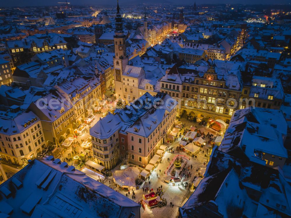 Aerial image at night Görlitz - Night aerial photograph of the Silesian Christmas market in Goerlitz in the state of Saxony, Germany