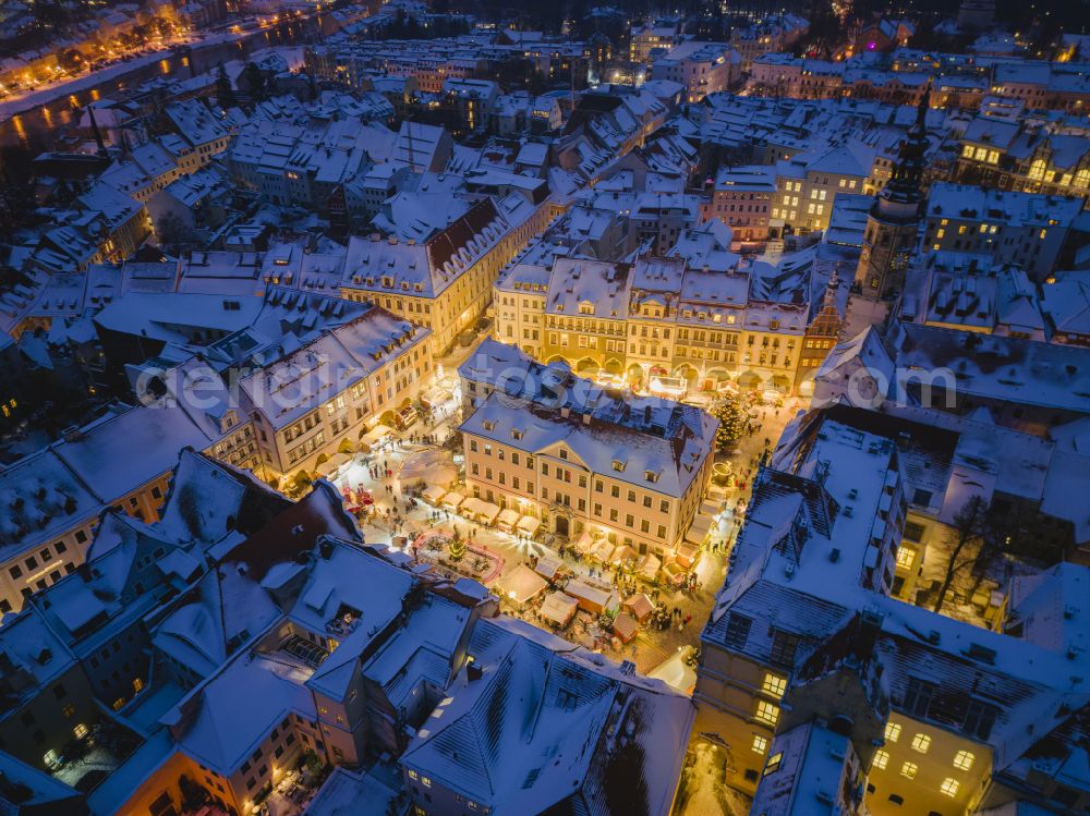 Görlitz at night from above - Night aerial photograph of the Silesian Christmas market in Goerlitz in the state of Saxony, Germany