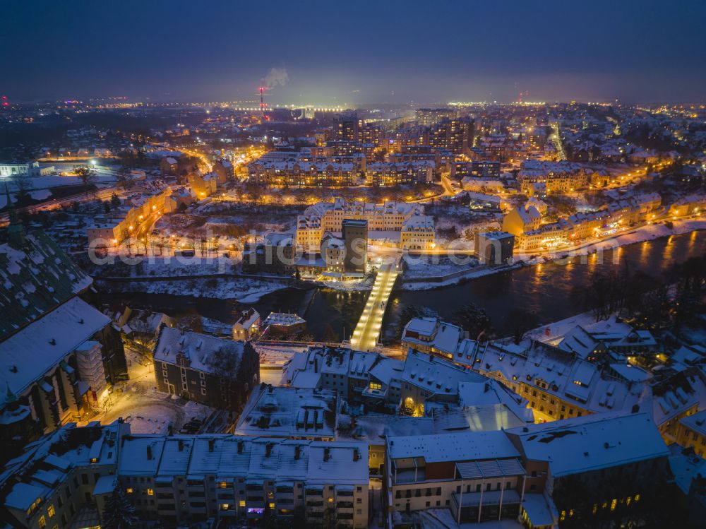 Görlitz at night from the bird perspective: Night aerial photograph of the Silesian Christmas market in Goerlitz in the state of Saxony, Germany