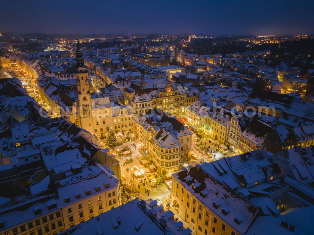 Aerial photograph at night Görlitz - Night aerial photograph of the Silesian Christmas market in Goerlitz in the state of Saxony, Germany