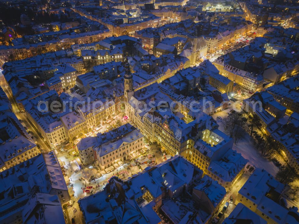 Aerial image at night Görlitz - Night aerial photograph of the Silesian Christmas market in Goerlitz in the state of Saxony, Germany