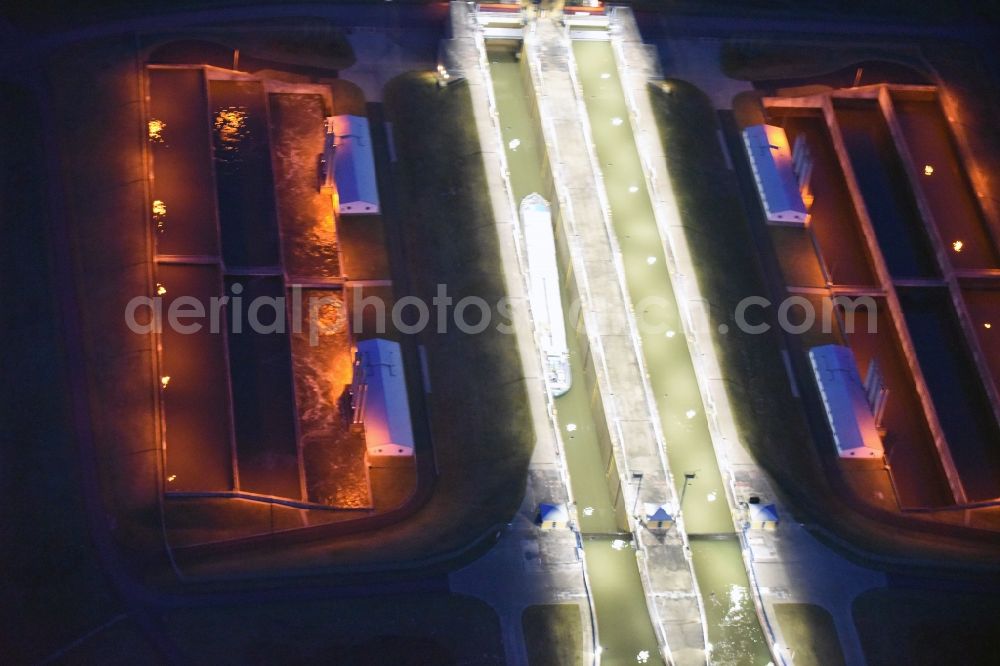 Hohenwarthe at night from above - Night lighting Locks - plants on the banks of the waterway in Hohenwarthe in the state Saxony-Anhalt