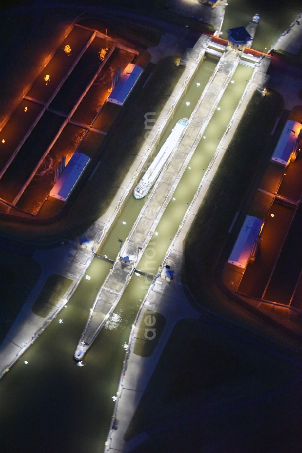 Aerial image at night Hohenwarthe - Night lighting Locks - plants on the banks of the waterway in Hohenwarthe in the state Saxony-Anhalt