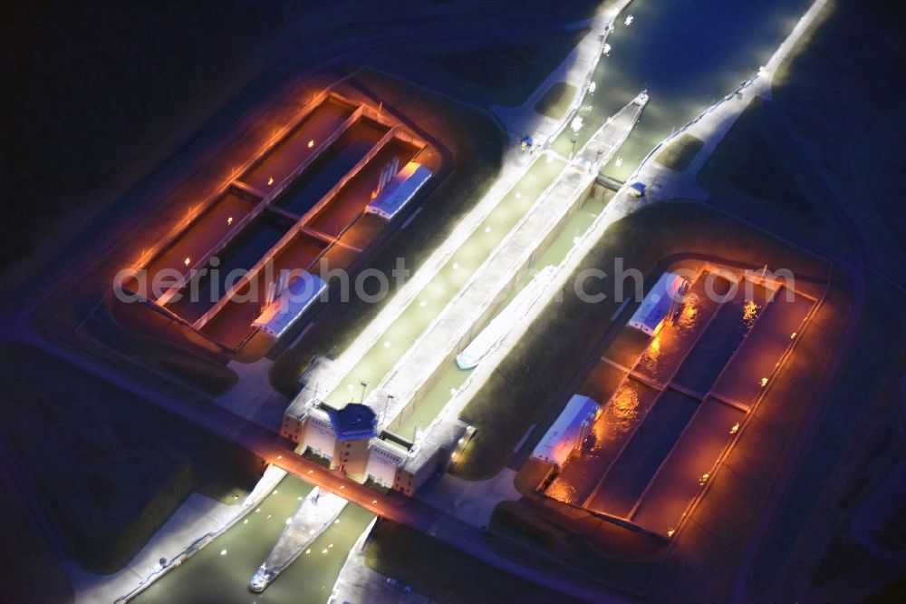 Hohenwarthe at night from above - Night lighting Locks - plants on the banks of the waterway in Hohenwarthe in the state Saxony-Anhalt