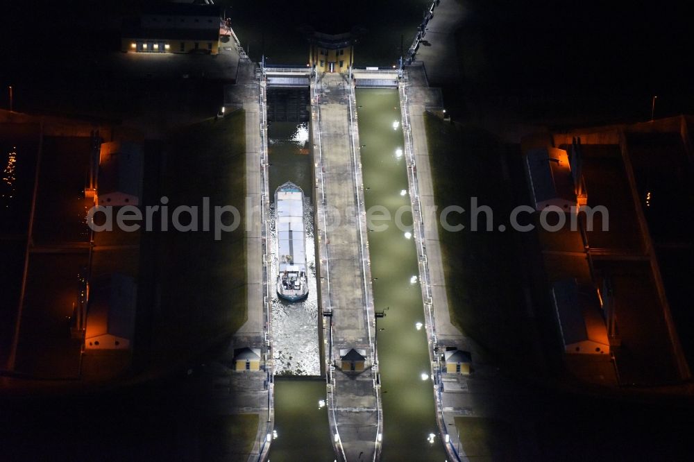 Hohenwarthe at night from above - Night lighting Locks - plants on the banks of the waterway in Hohenwarthe in the state Saxony-Anhalt