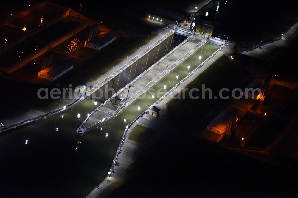 Hohenwarthe at night from above - Night lighting Locks - plants on the banks of the waterway in Hohenwarthe in the state Saxony-Anhalt