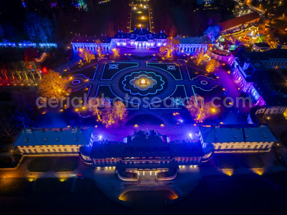 Dresden at night from above - Night lighting building complex in the park of the castle Schlosspark Pillnitz on street August-Boeckstiegel-Strasse in the district Pillnitz in Dresden in the state Saxony, Germany