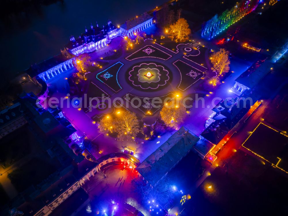 Dresden at night from the bird perspective: Night lighting building complex in the park of the castle Schlosspark Pillnitz on street August-Boeckstiegel-Strasse in the district Pillnitz in Dresden in the state Saxony, Germany